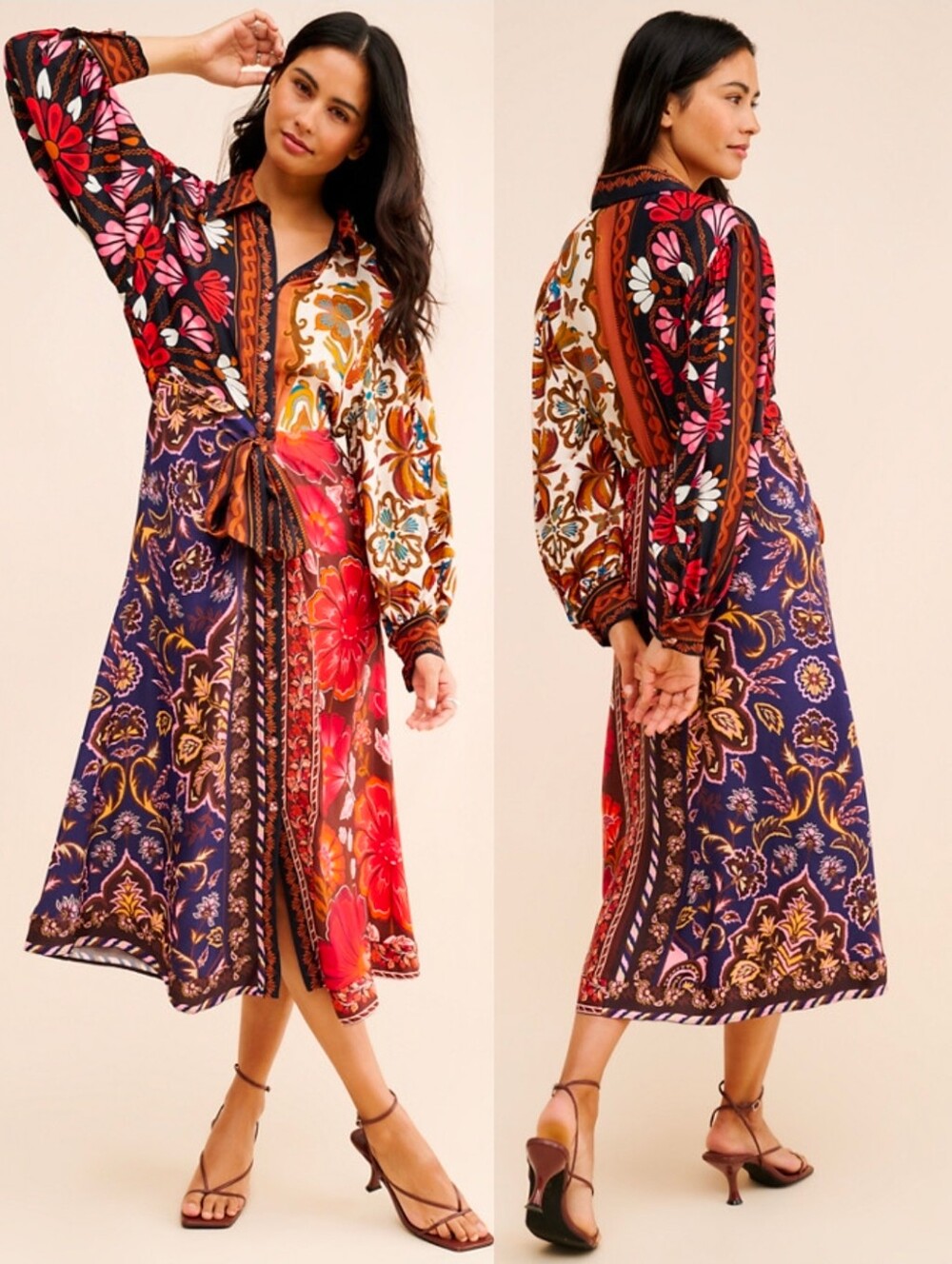 FARM RIO Colorful Tropical Miranda Mix Chemise Midi Dress
